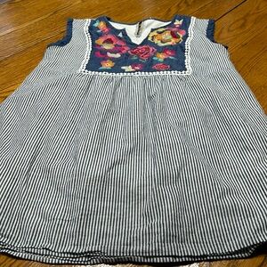 Savannah Jane stripe dress with embroidery. Sleeveless, lined, Size Medium.